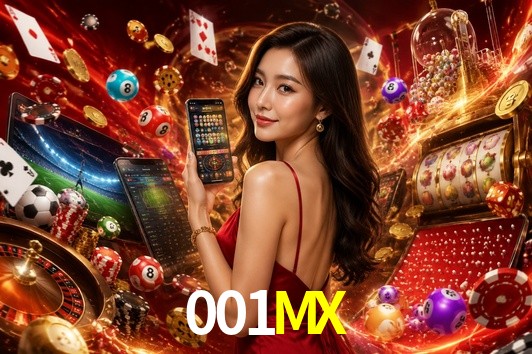 Una escena digital vívida inspirada en casino con 001MX mostrado prominentemente, luces brillantes, fichas, cartas y acentos dorados.