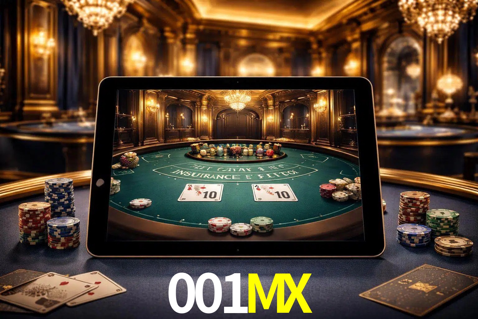 Configuración moderna de casino en vivo con una tableta mostrando una mesa de blackjack, luces cálidas de estudio y una atmósfera elegante de juegos digitales.