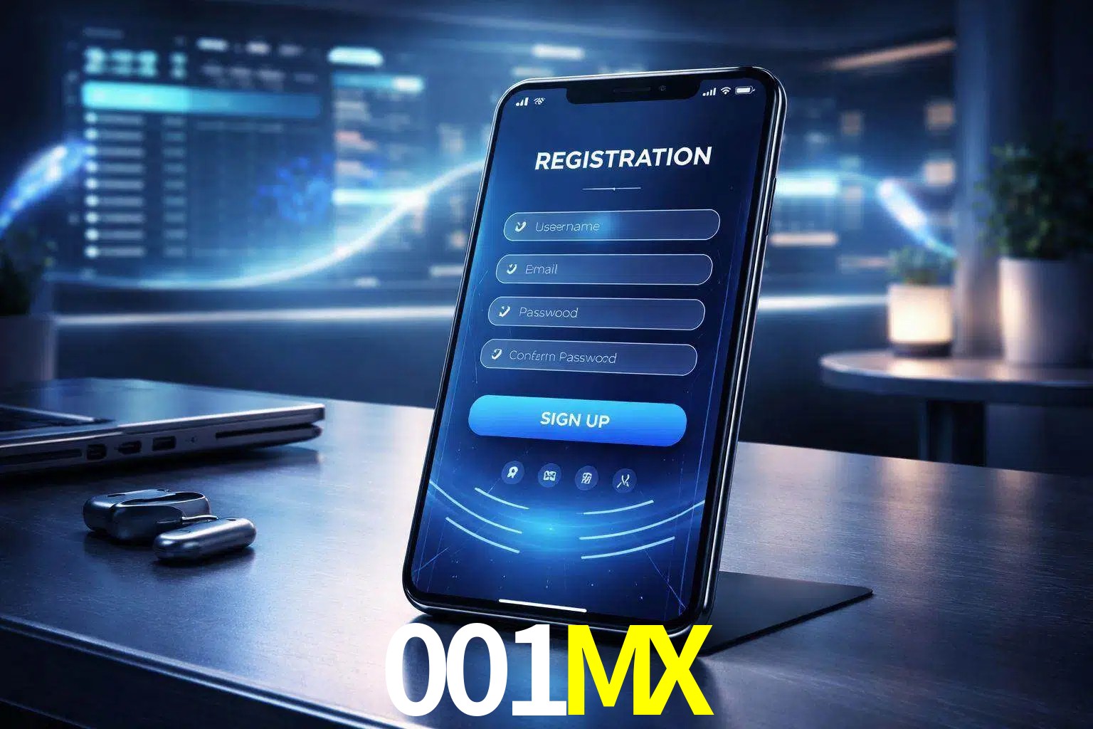 Una interfaz moderna de registro móvil para 001MX mostrada en un smartphone con un panel de apuestas elegante.